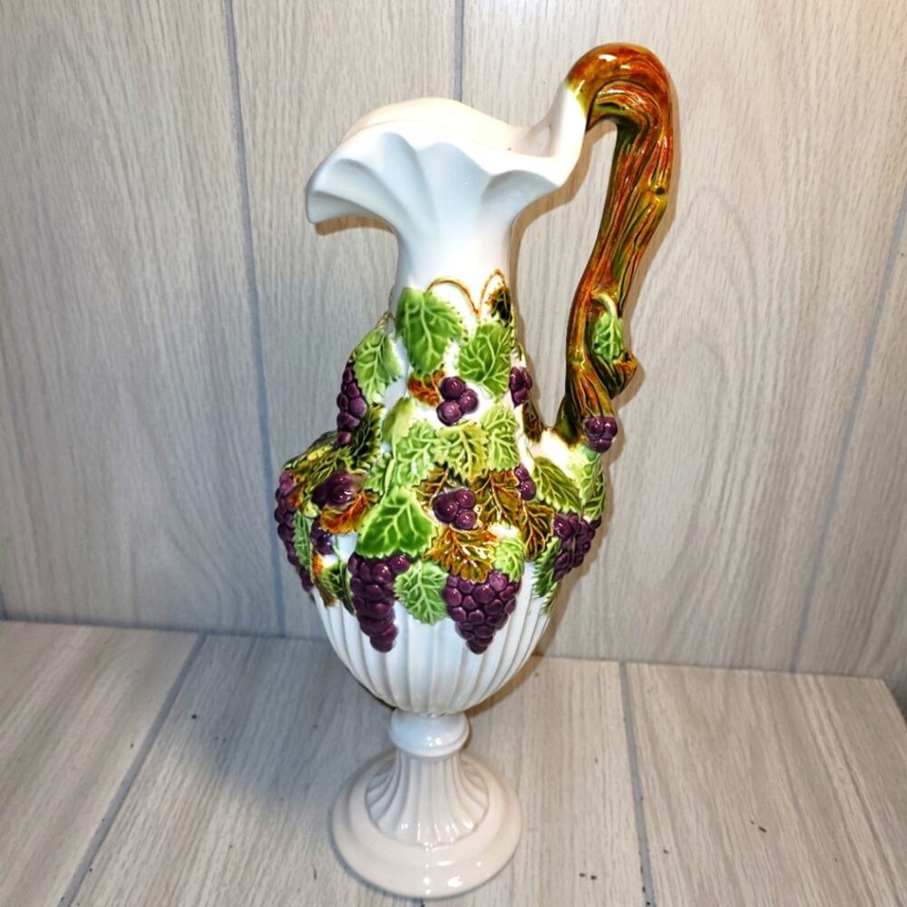 Vintage 1992 Ceramic Pitcher With Grape Design Art Deco MCM